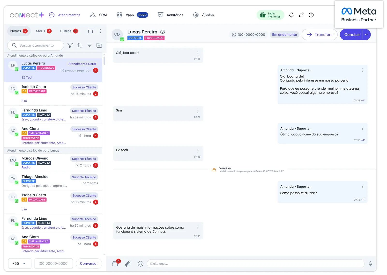 Central de atendimento da Connect+ com conversas de WhatsApp, Instagram e Messenger